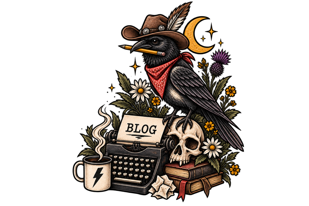 Neotraditional crow with a cowboy hat and bandana standing on a skull on a typewriter with the word "Blog" written on the page