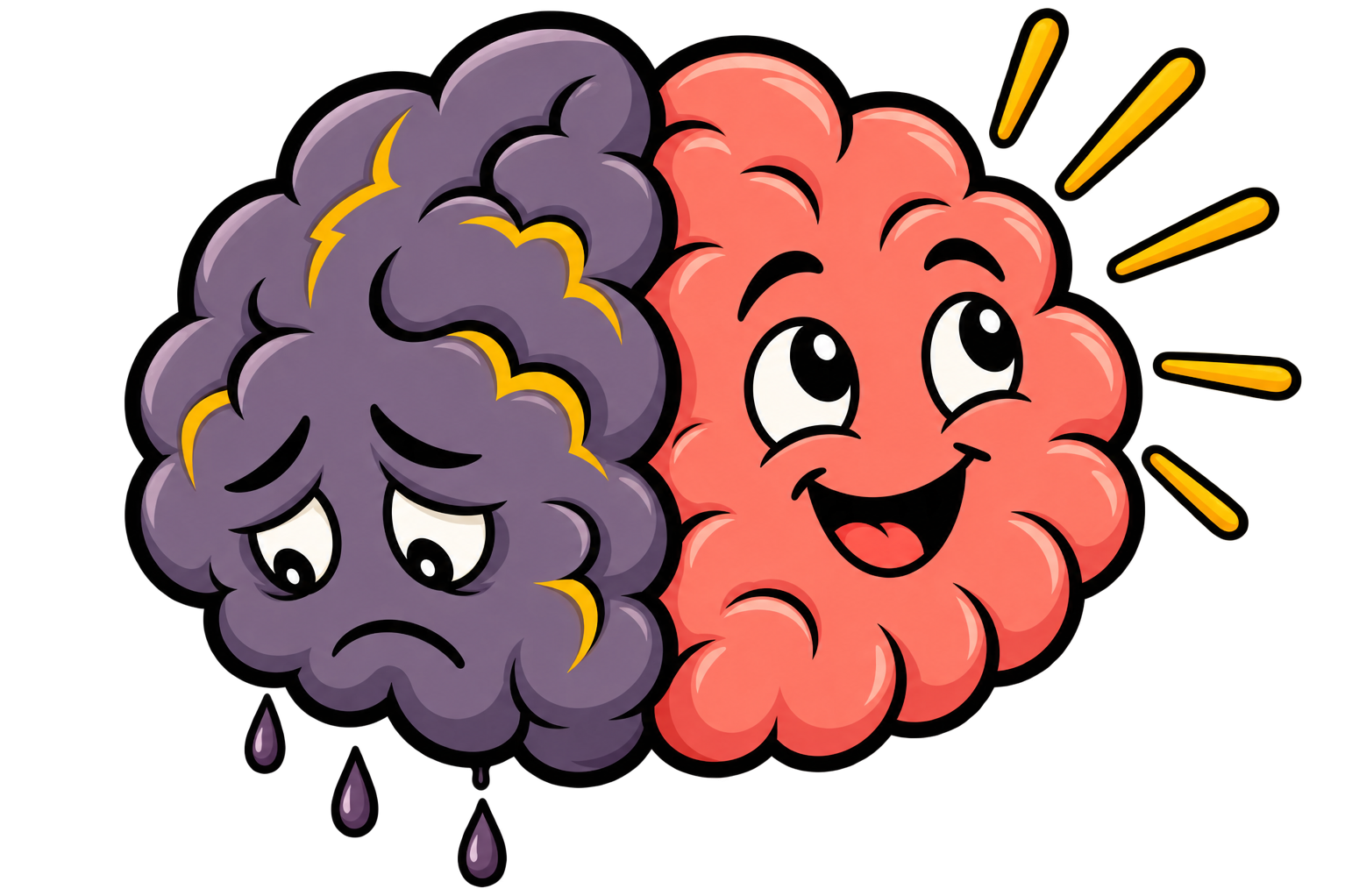 Clearheaded & Committed logo - purple and pink ying/yang type cartoonish logo of a brain with the two sides showing emotions of sadness and happiness.